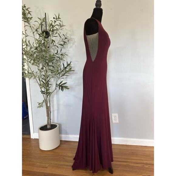 Jovani Burgundy Bateau Neck Long Prom Wedding Gown Size 6 Mermaid Tail Elegant - Picture 4 of 9